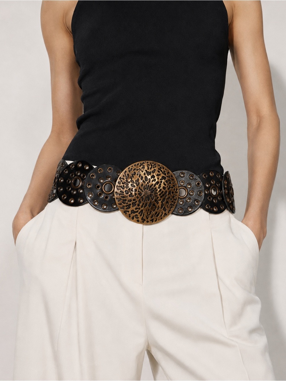 Vintage Y2K Black Disc Belt Bronze Medallion Grommet Boho Statement
